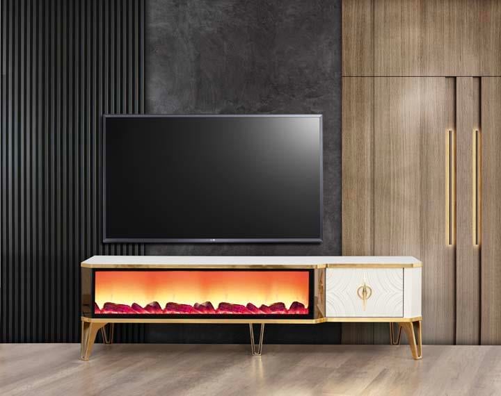  Roma Beyaz Şömineli Çekmeceli Tv Ünitesi