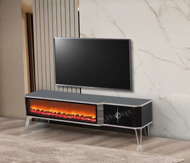  Roma Siyah Şömineli Çekmeceli Tv Ünitesi