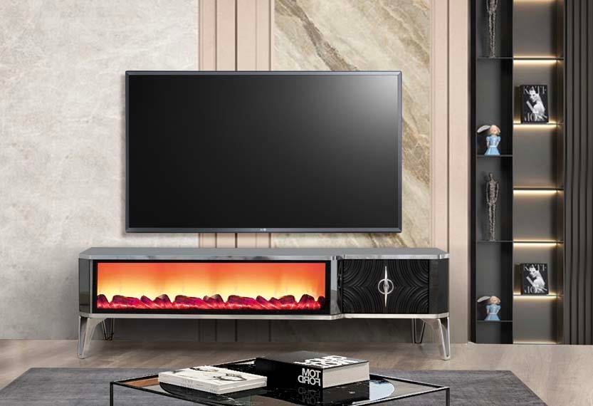 Roma Siyah Şömineli Çekmeceli Tv Ünitesi