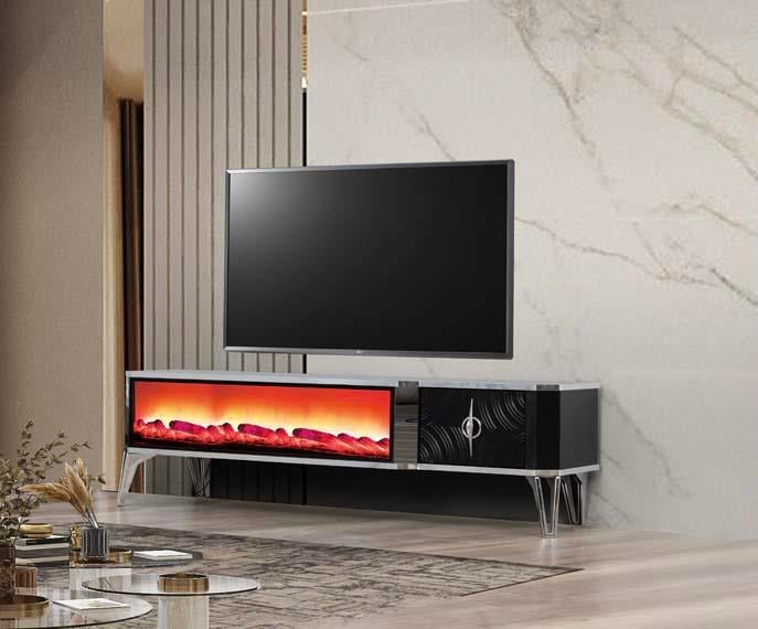  Roma Siyah Şömineli Çekmeceli Tv Ünitesi
