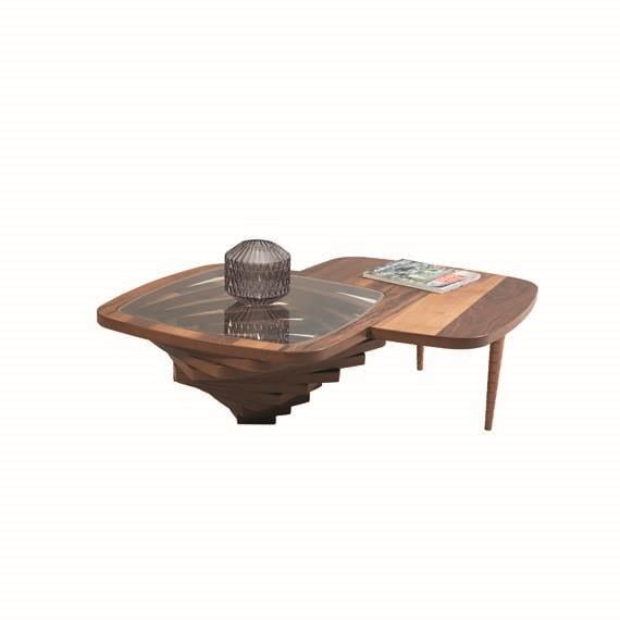 106 Orta Sehpa Ayaklı Özel Kesim Doğal Ahşap Gövde Cam Üst Tabla