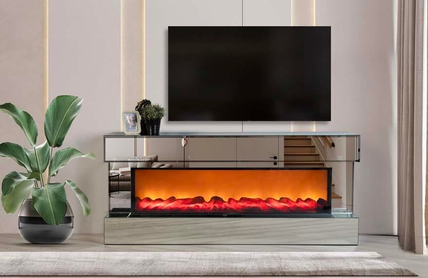 Aren Komple Cam Şömineli Tv Ünitesi Bluetooth Bağlantılı Kumandalı Renk Seçenekli