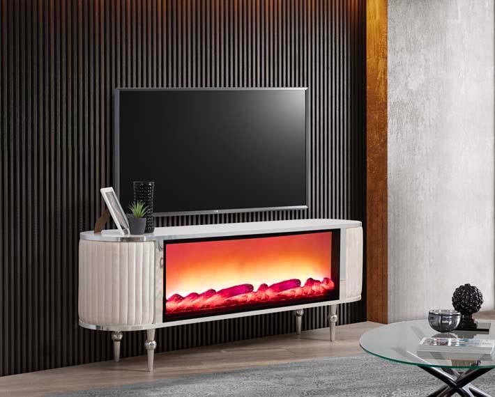 Atina Aytaşı Şömineli Tv Ünitesi Kumaş Kaplama Yan Detay