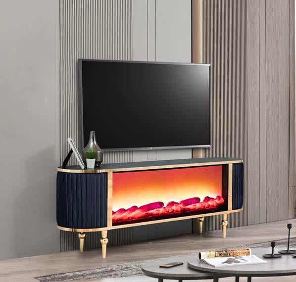 Atina Siyah Şömineli Tv Ünitesi Kumaş Kaplama Yan Detay