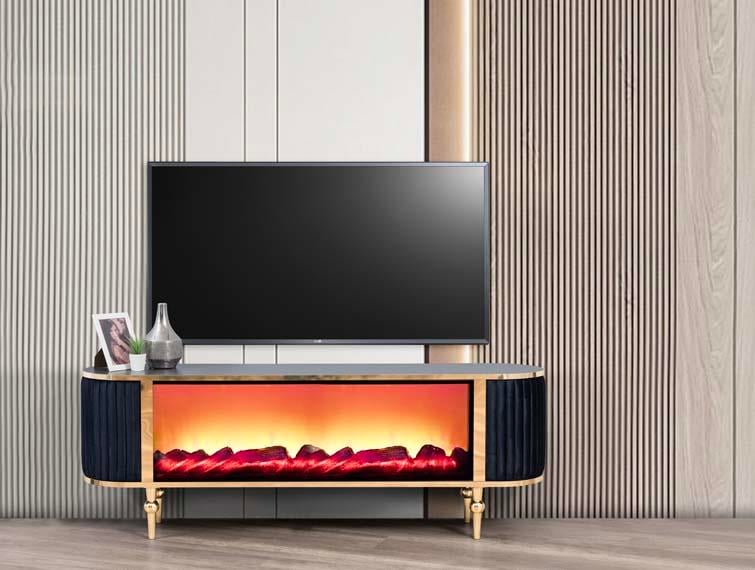 Atina Siyah Şömineli Tv Ünitesi Kumaş Kaplama Yan Detay