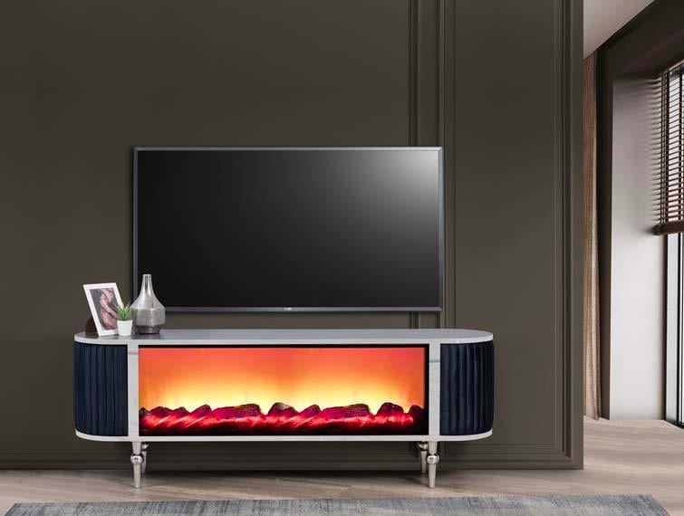 Atina Şömineli Antrasit Tv Ünitesi Kumaş Kaplama Yan Detay