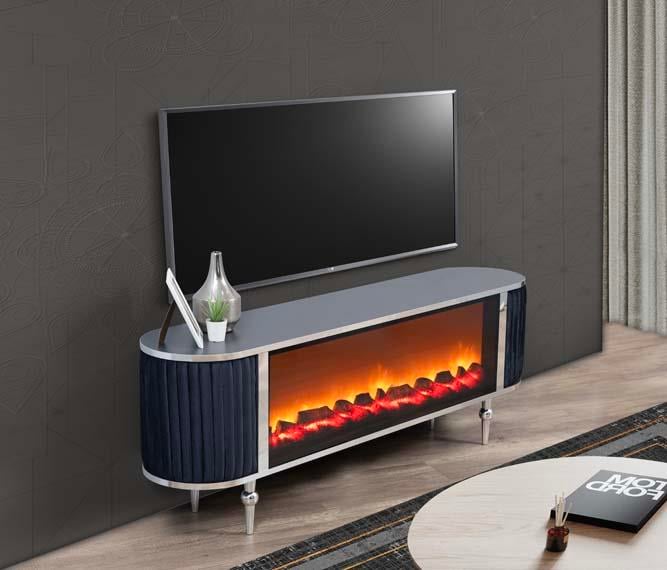 Atina Şömineli Antrasit Tv Ünitesi Kumaş Kaplama Yan Detay