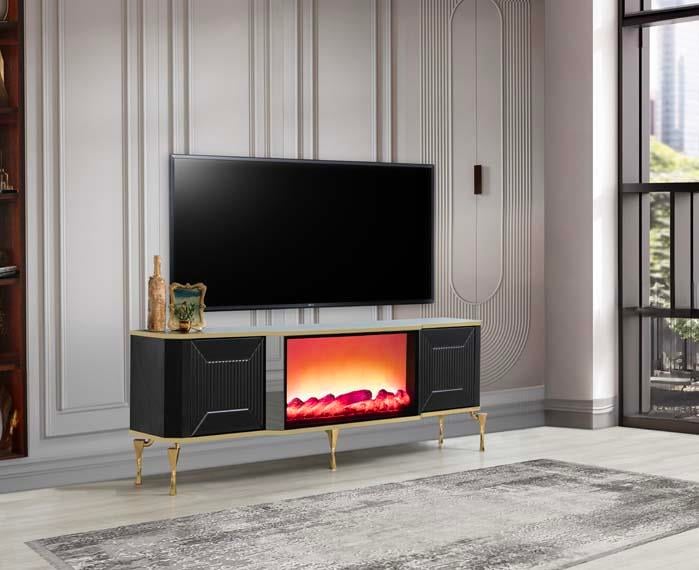 Belgrad Siyah Şömineli Tv Ünitesi Bluetooth Bağlantılı Kumandalı Renk Seçenekli
