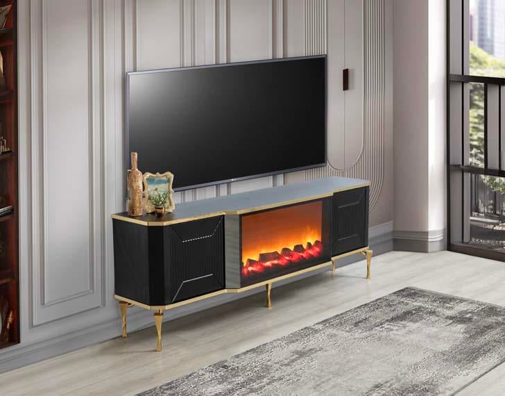 Belgrad Siyah Şömineli Tv Ünitesi Bluetooth Bağlantılı Kumandalı Renk Seçenekli