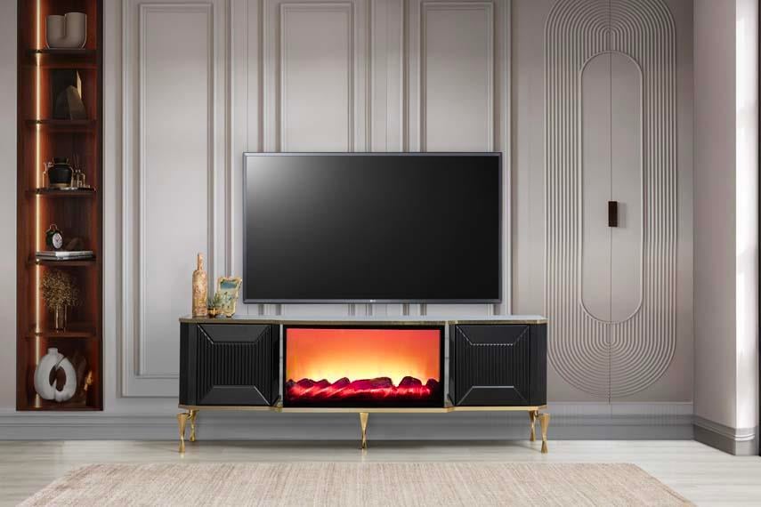 Belgrad Siyah Şömineli Tv Ünitesi Bluetooth Bağlantılı Kumandalı Renk Seçenekli