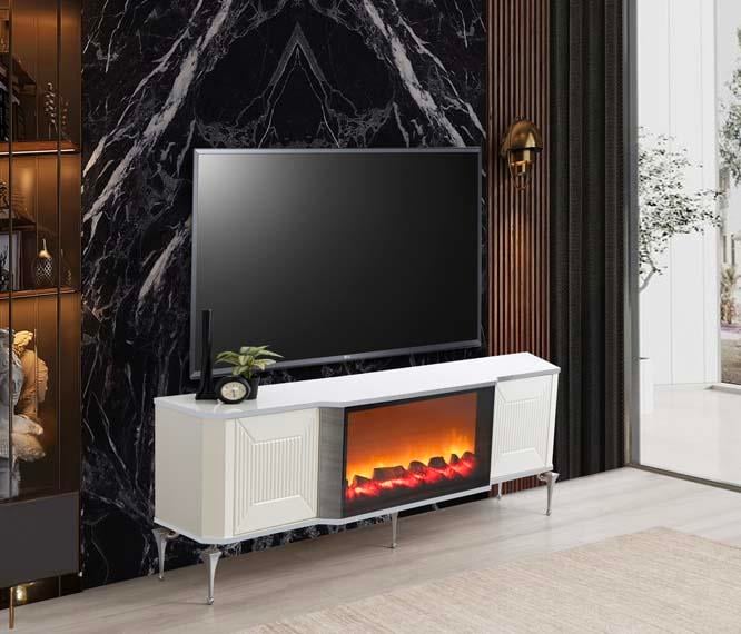 Belgrad Şömineli Tv Ünitesi Bluetooth Bağlantılı Kumandalı Renk Seçenekli