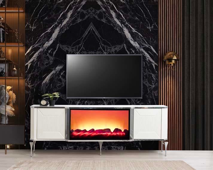 Belgrad Şömineli Tv Ünitesi Bluetooth Bağlantılı Kumandalı Renk Seçenekli