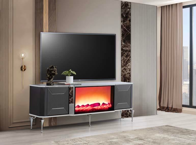 Belgrad Şömineli Tv Ünitesi Bluetooth Bağlantılı Kumandalı Renk Seçenekli