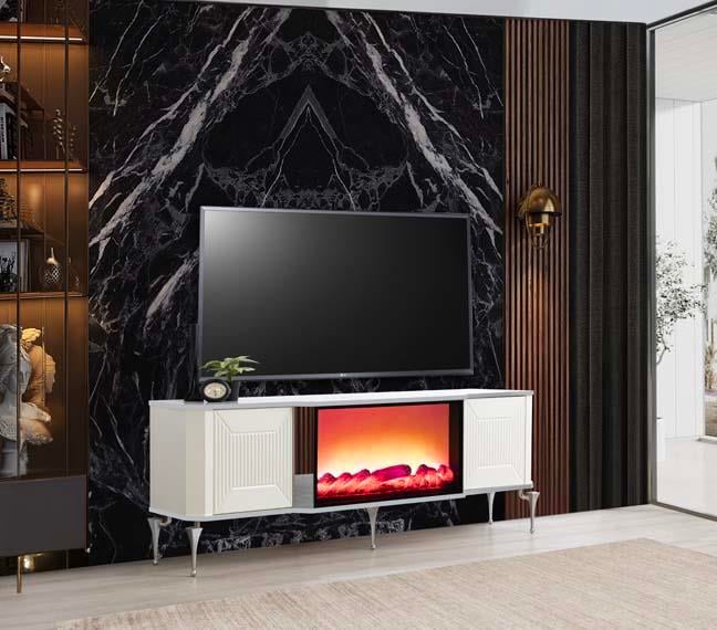 Belgrad Şömineli Tv Ünitesi Bluetooth Bağlantılı Kumandalı Renk Seçenekli