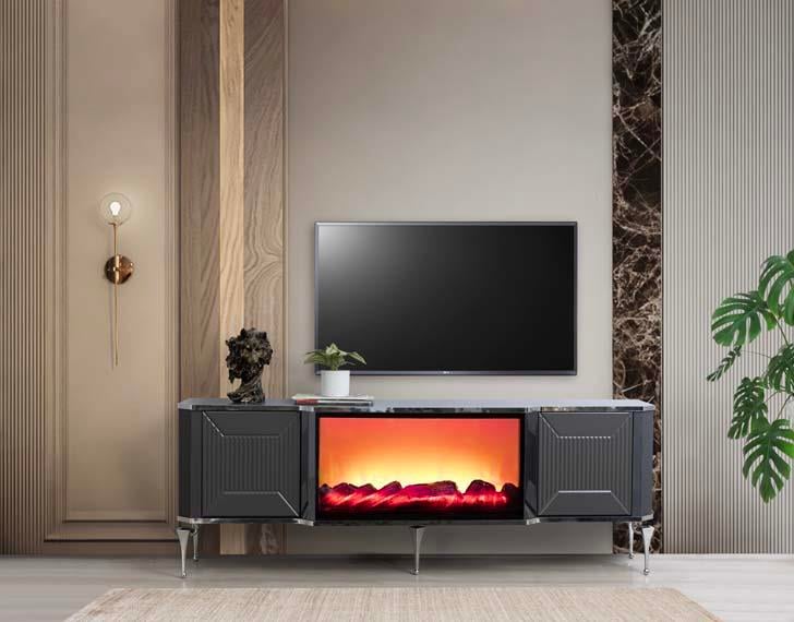 Belgrad Şömineli Tv Ünitesi Bluetooth Bağlantılı Kumandalı Renk Seçenekli