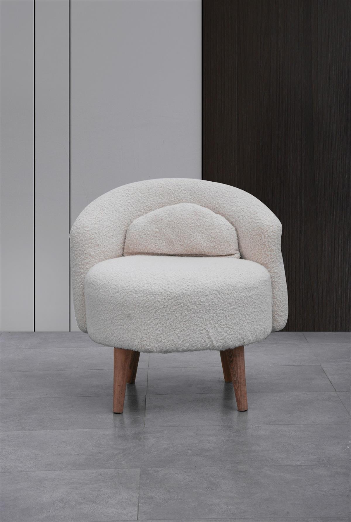 Bukle Ahşap Ayaklı Berjer Beyaz