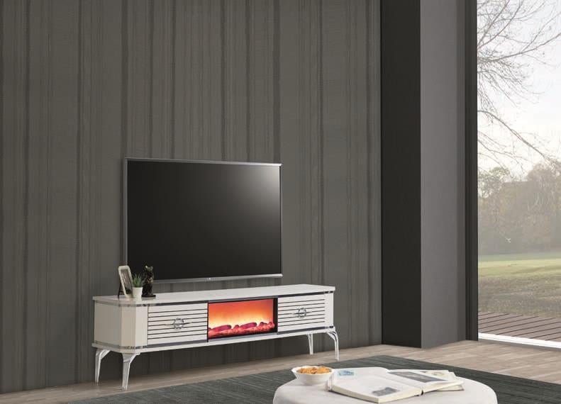 Clas L Beyaz Şömineli 2 Çekmeceli Tv Ünitesi
