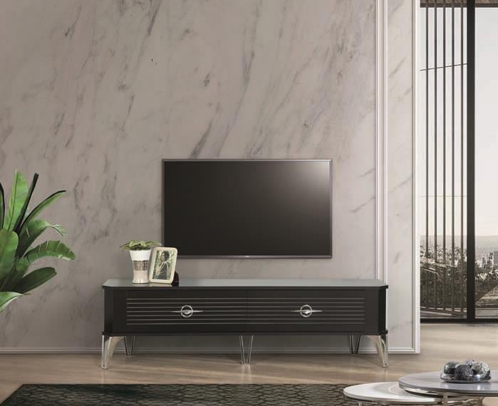 Clas Siyah Gümüş Çekmeceli Tv Ünitesi