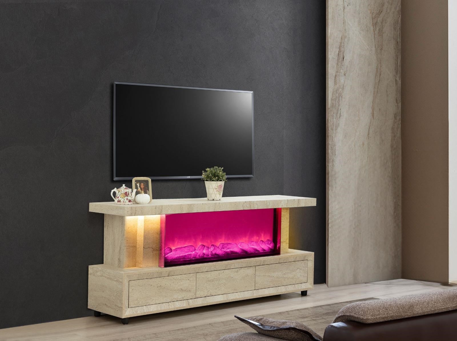 Efes Mdf Şömineli Traverten Bluetooth Bağlantılı Renk Değişimli Tv Ünitesi