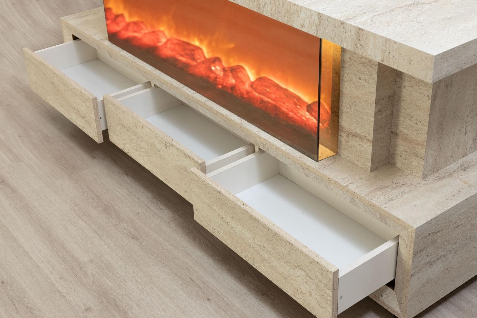 Efes Mdf Şömineli Traverten Bluetooth Bağlantılı Renk Değişimli Tv Ünitesi