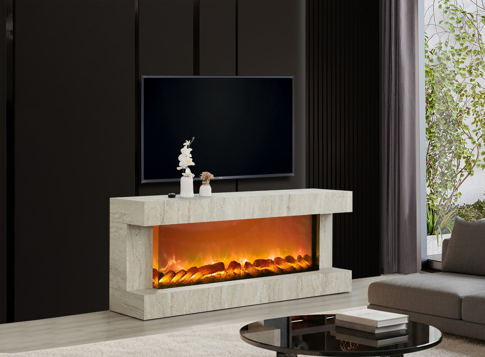 Efes Mdf Traverten Bluetooth ve renk Değişim Özellikli Şömineli Tv Ünitesi