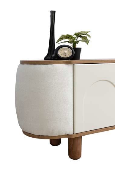 Mostar Beyaz Şömineli Tv Ünitesi Bluetooth Bağlantılı Yanları Kumaş Kaplamalı