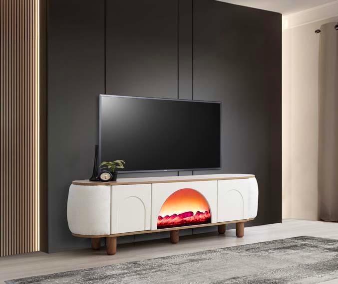 Mostar Beyaz Şömineli Tv Ünitesi Bluetooth Bağlantılı Yanları Kumaş Kaplamalı