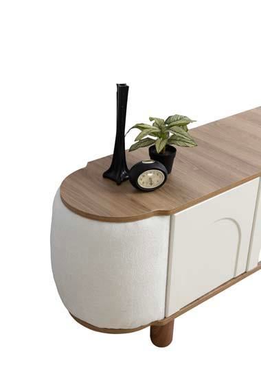 Mostar Beyaz Şömineli Tv Ünitesi Bluetooth Bağlantılı Yanları Kumaş Kaplamalı