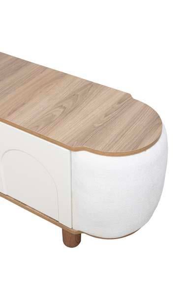 Mostar Beyaz Şömineli Tv Ünitesi Bluetooth Bağlantılı Yanları Kumaş Kaplamalı