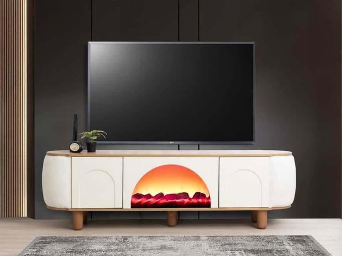 Mostar Beyaz Şömineli Tv Ünitesi Bluetooth Bağlantılı Yanları Kumaş Kaplamalı