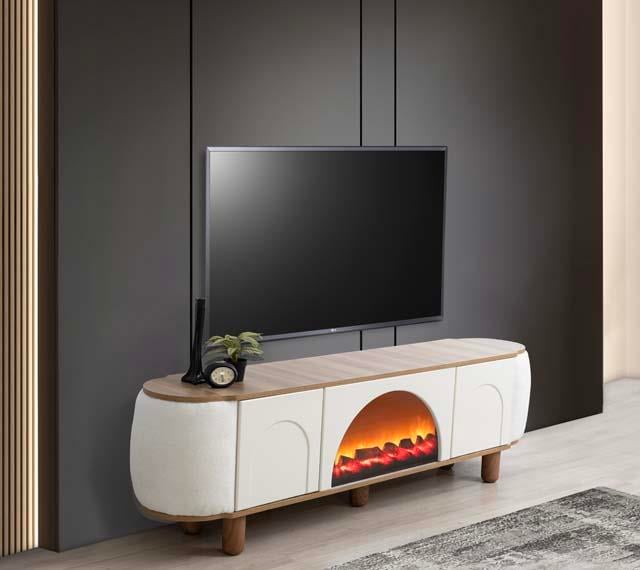 Mostar Beyaz Şömineli Tv Ünitesi Bluetooth Bağlantılı Yanları Kumaş Kaplamalı