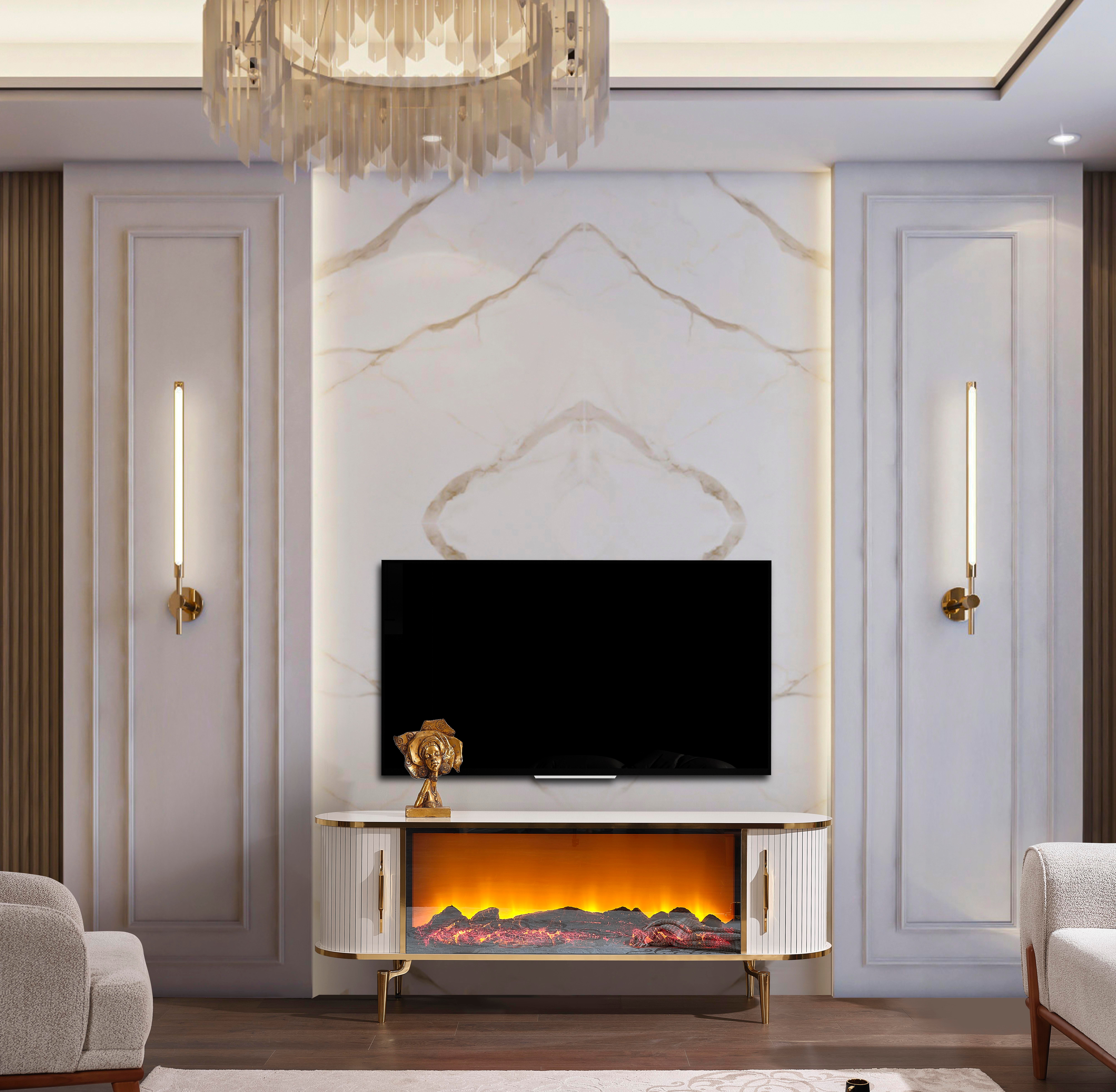 Prada Gold Şömineli Tv Ünitesi