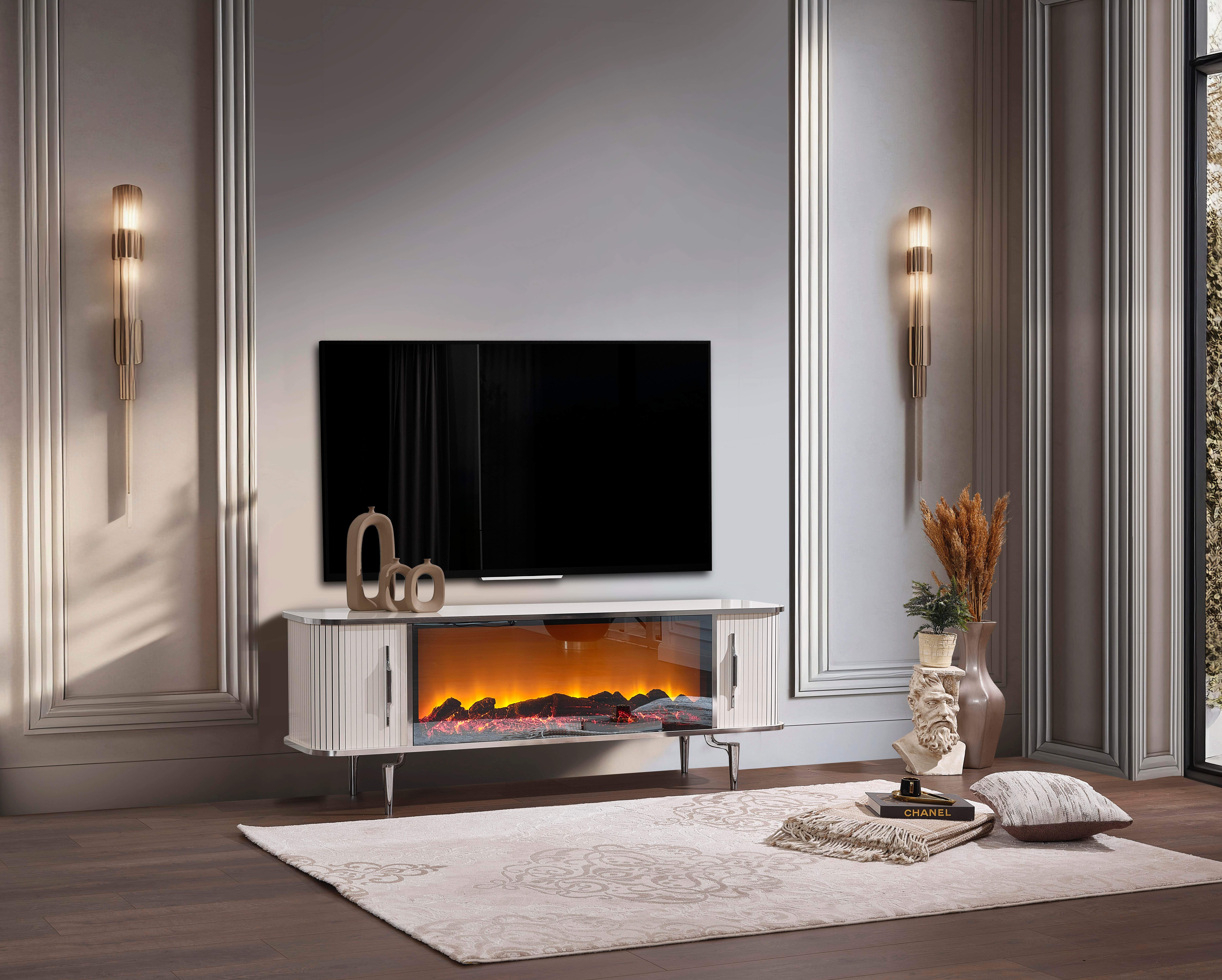 Prada Şömineli Krom Tv Ünitesi