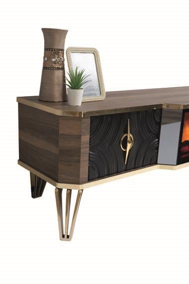 Viyana Ceviz-Siyah Şömineli Çekmeceli Tv Ünitesi