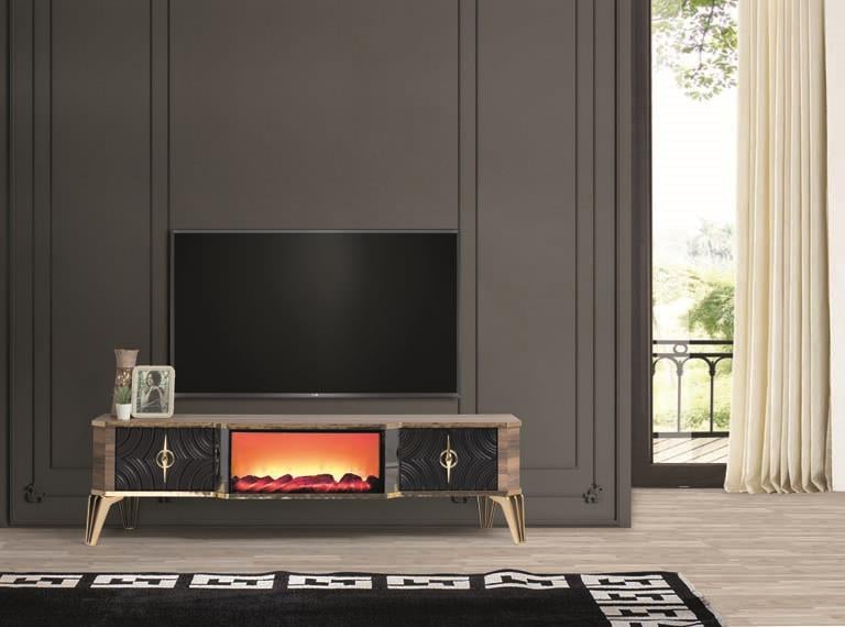 Viyana Ceviz-Siyah Şömineli Çekmeceli Tv Ünitesi