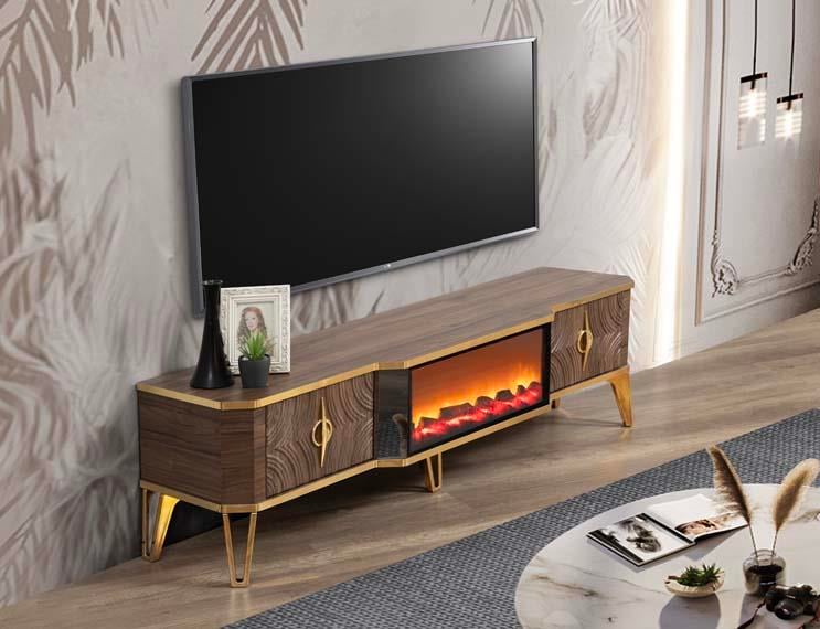 Viyana Ceviz Şömineli Çekmeceli Tv Ünitesi