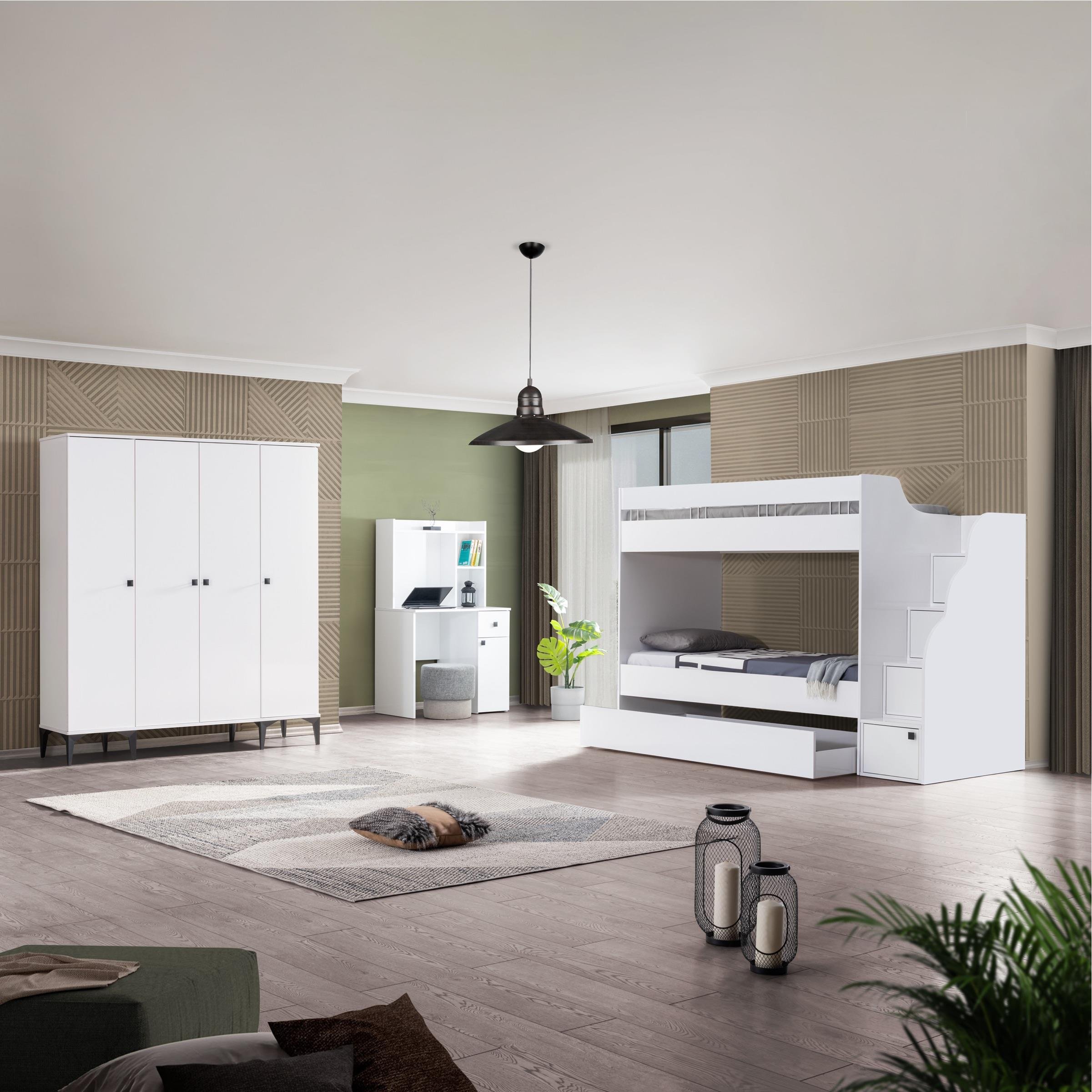 White Ranzalı Genç Odası 4 Kapılı Dolap