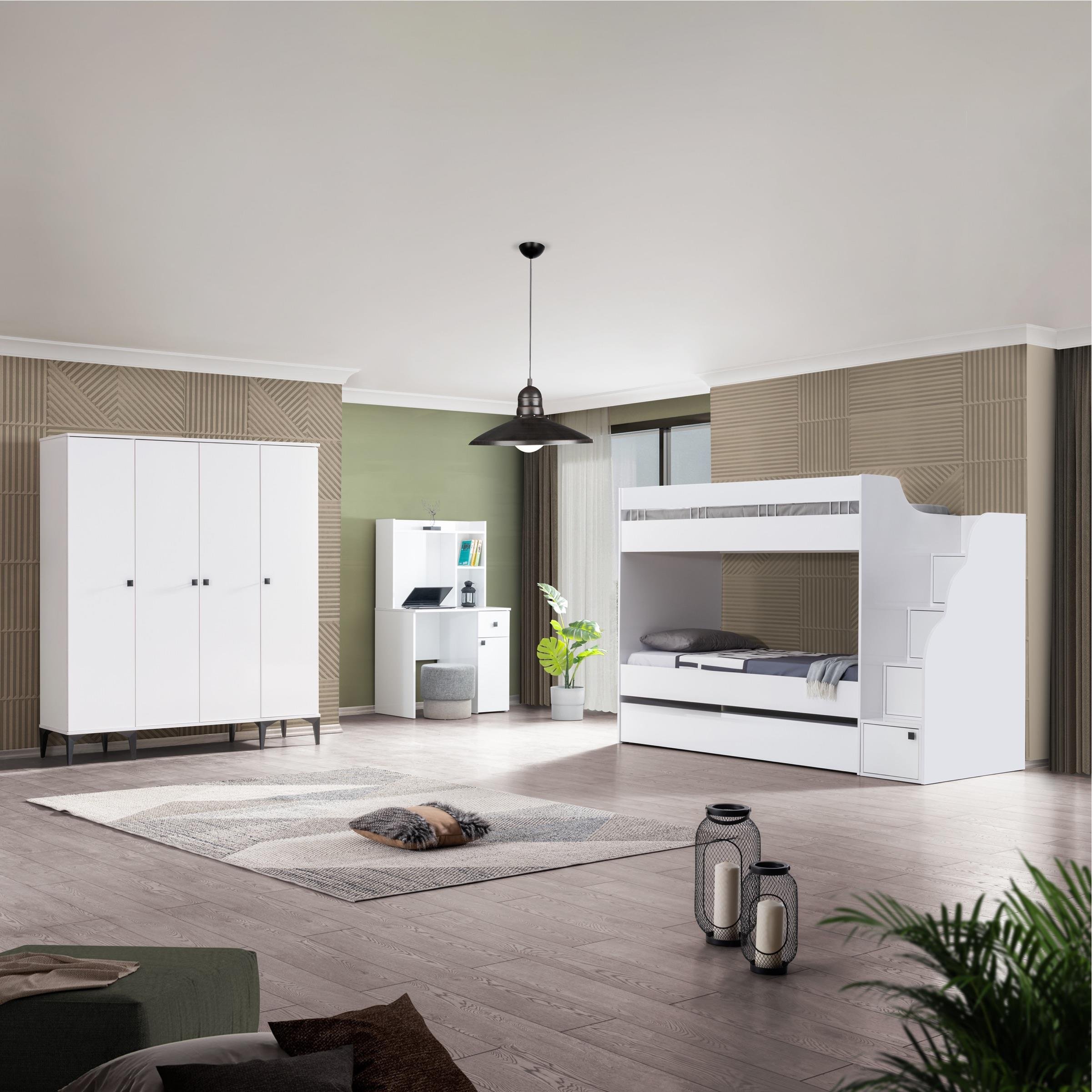 White Ranzalı Genç Odası 4 Kapılı Dolap