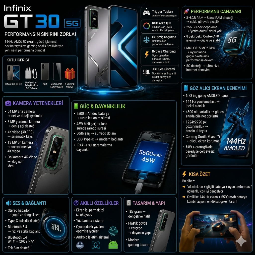 İnfinix GT 30 5G 8GB Ram 256GB Depolama Gri (İthalatçı Garantili)
