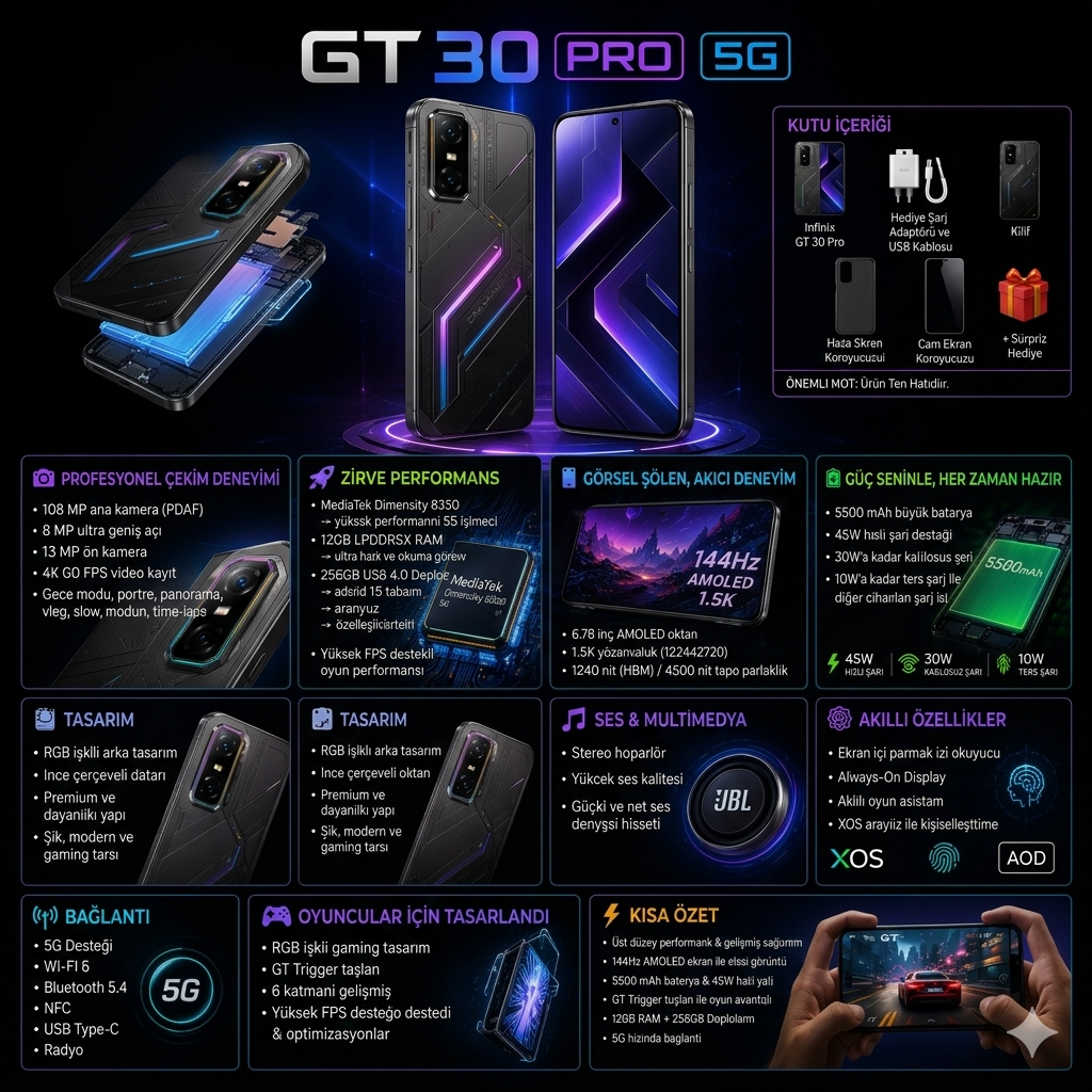 Infinix GT 30 Pro 12GB RAM 256GB Siyah İthalatçı Garantili