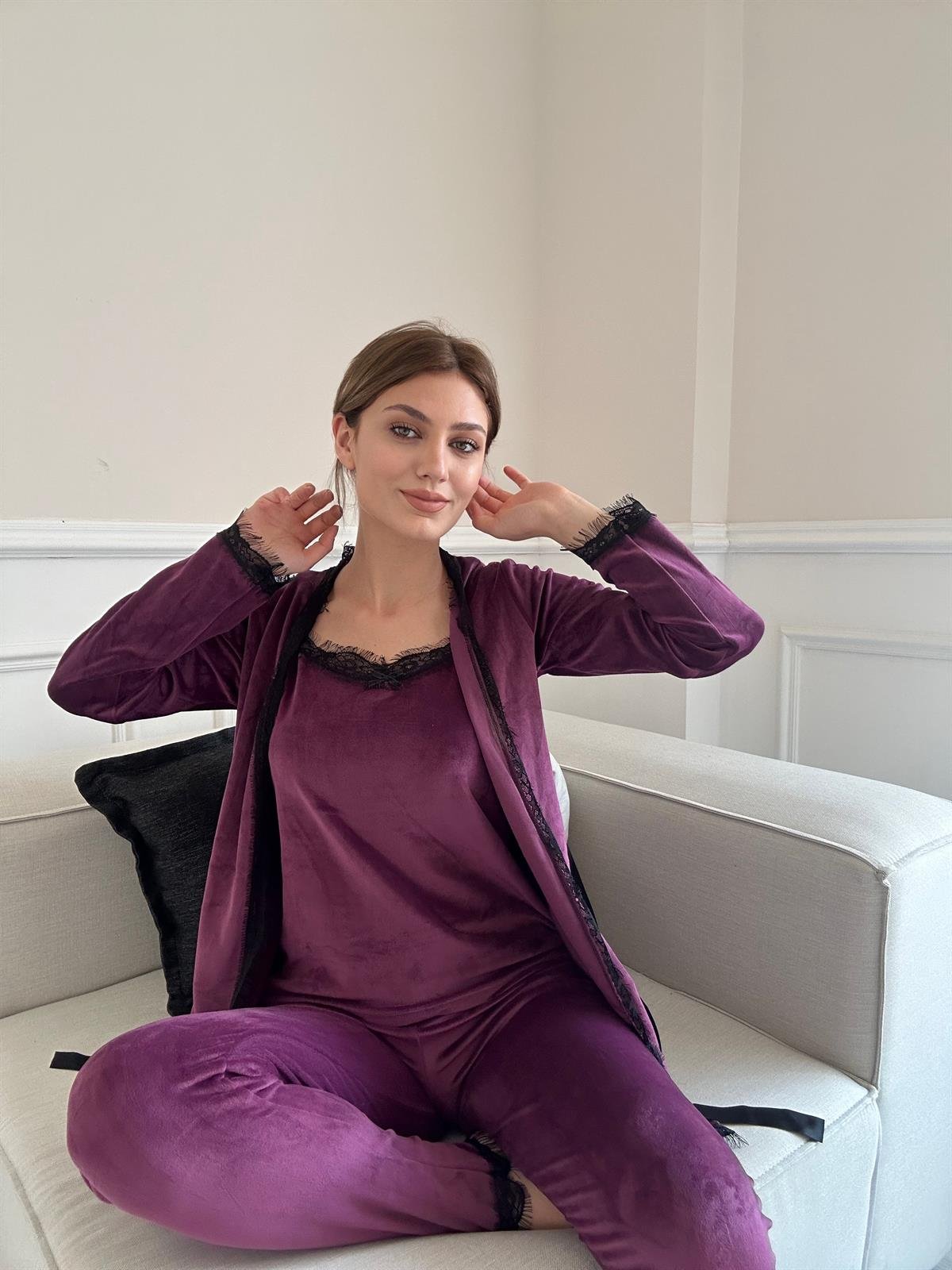 3 LÜ KADİFE PİJAMA TAKIMI MÜRDÜM