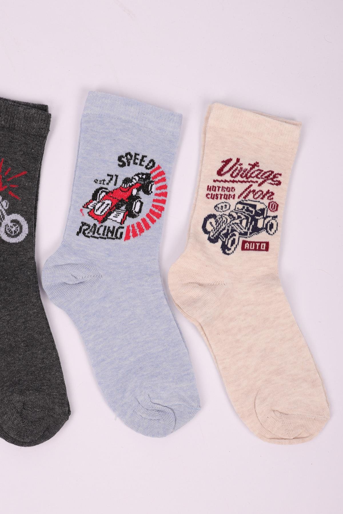 Araba Desenli 4'lü Erkek Çocuk Desenli Soket Çorap Seti ASORTİ