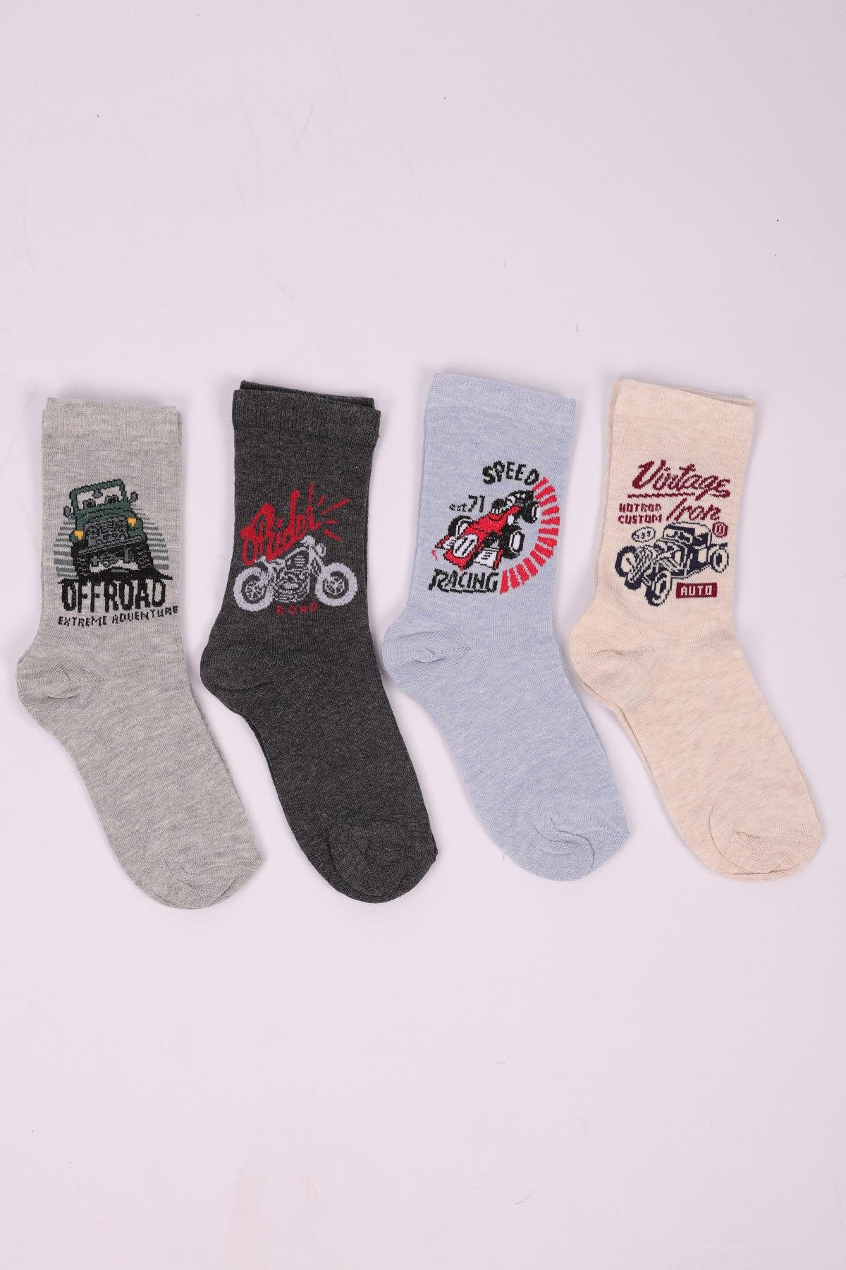 Araba Desenli 4'lü Erkek Çocuk Desenli Soket Çorap Seti ASORTİ