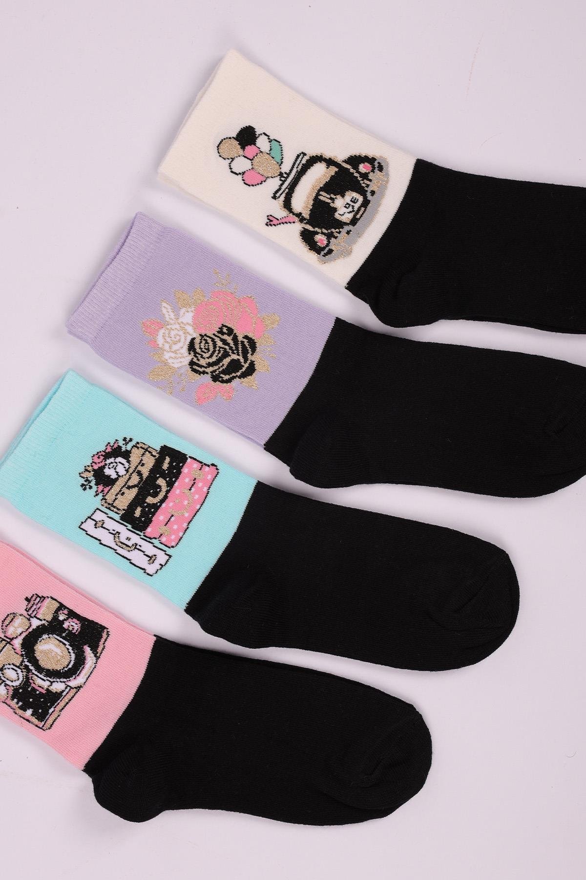 Çiçek Desenli 4'lü Kız Çocuk Soket Çorap Seti ASORTİ