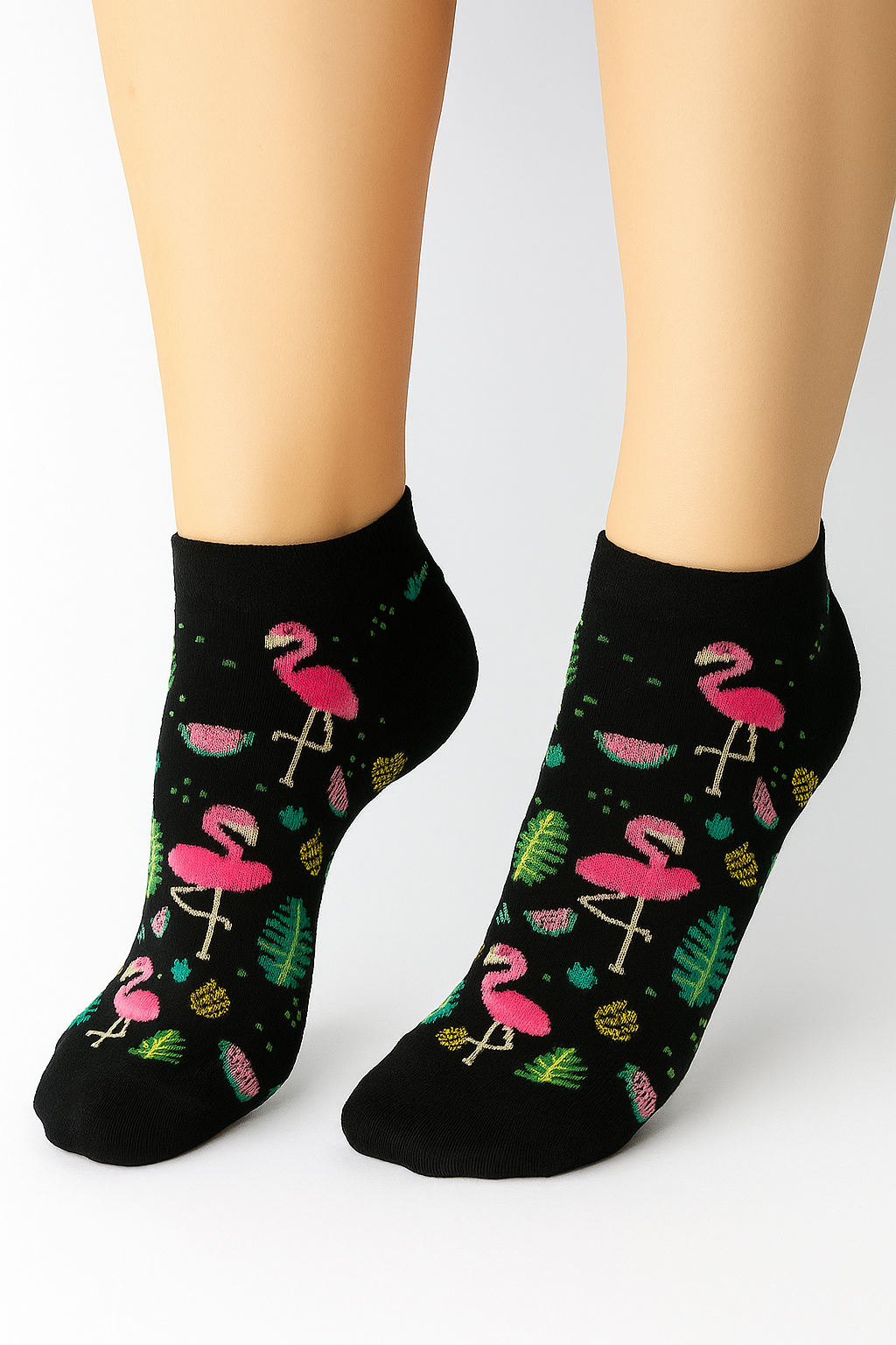 جوارب طويلة منقوشة باللون الأسود-ورقة فلامينجو
