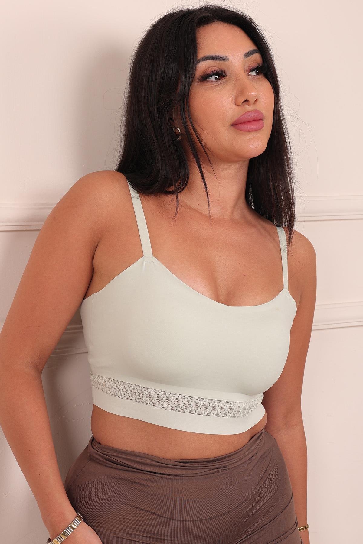 Dikişsiz Balensiz İnce Pedli Tül Dantel Belli Düz Kesim Bralet AÇIK YEŞİL