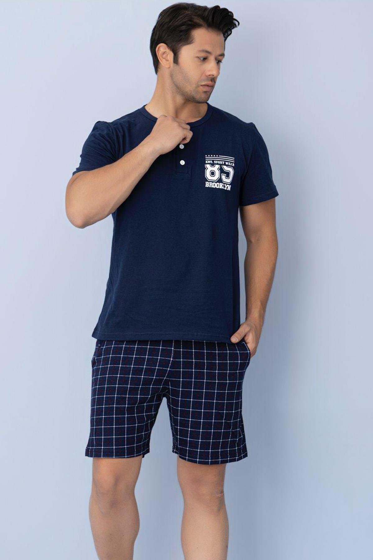Erkek Üstü Baskılı Altı Ekose Desenli  Kısa Kol Şortlu Pijama Takımı Lacivert