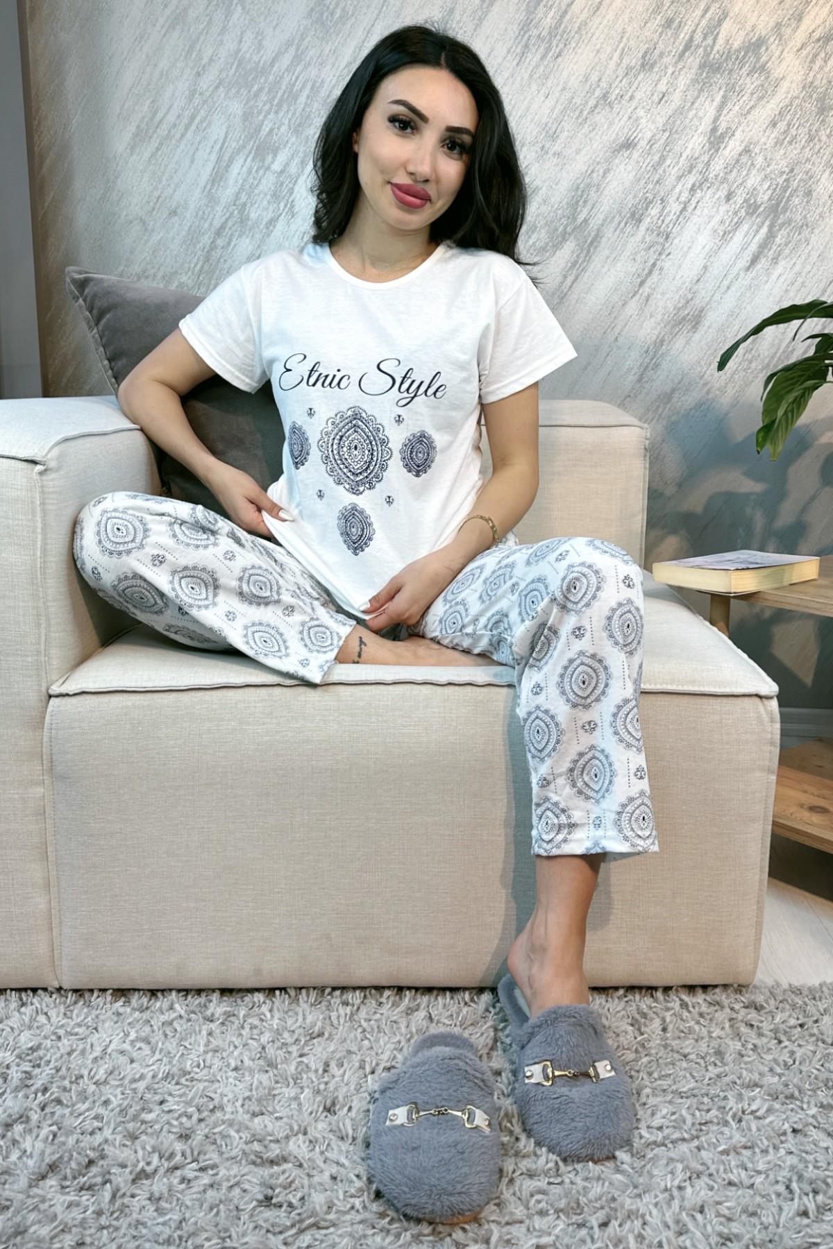 Etnik Desenli Kısa Kol Alt Uzun Pijama Takımı BEYAZ