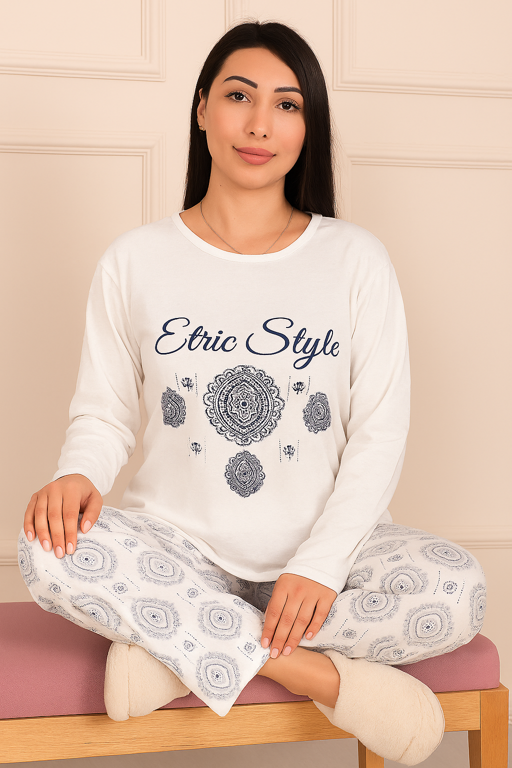 Ethnic Patterned Long Sleeve Pajama Set