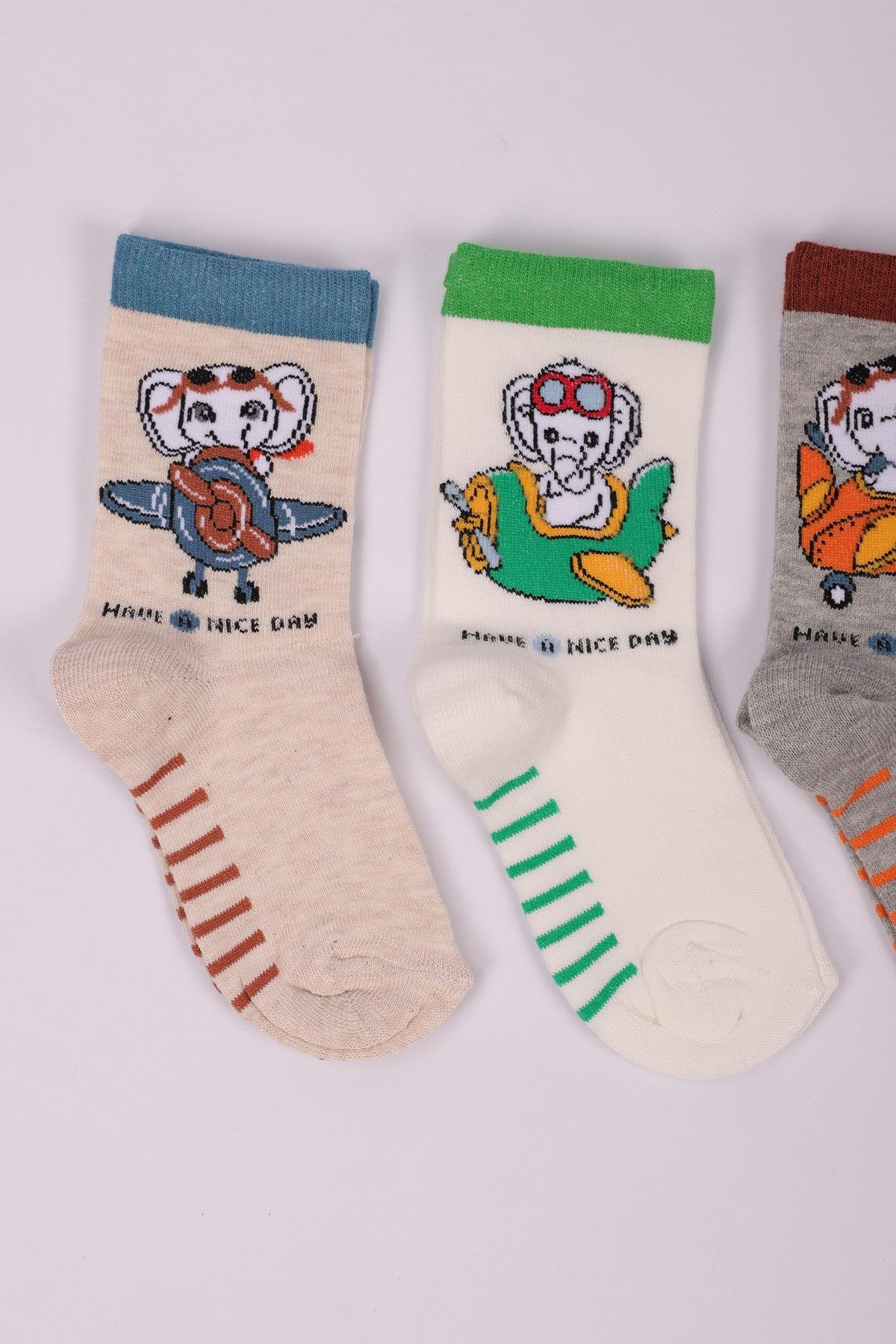 Fil Desenli 4'lü Erkek Bebek Soket Çorap Seti ASORTİ